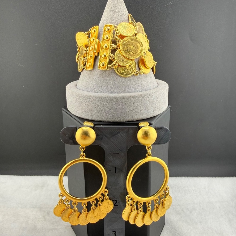 Vintage Ben Amun Bracelet Clip On Earrings Set Coin Gold Tone 6.5" - Picture 1 of 16